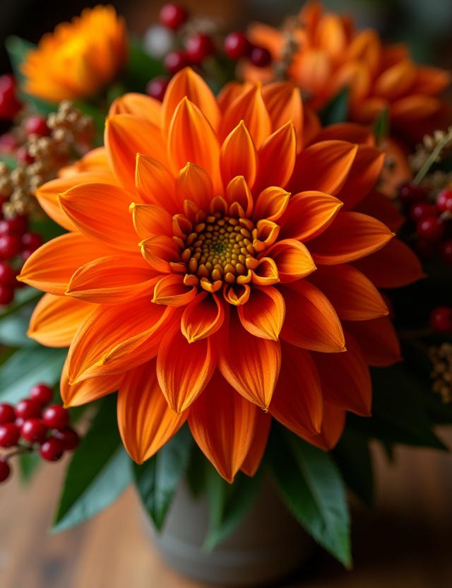 En varm höstbukett med orangea dahlior, röda bär och djupgröna blad, i en rustik kruka.